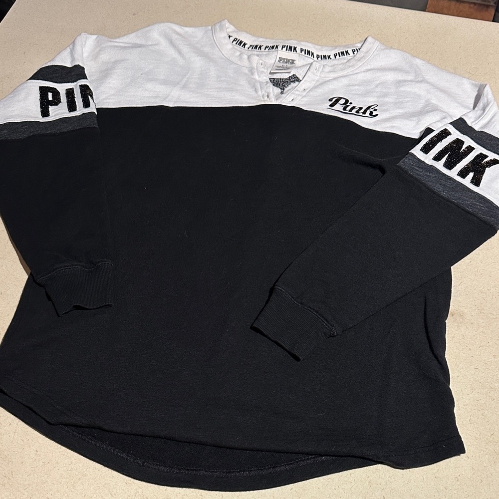 PINK Victoria's Secret White and Black Logo Shirt